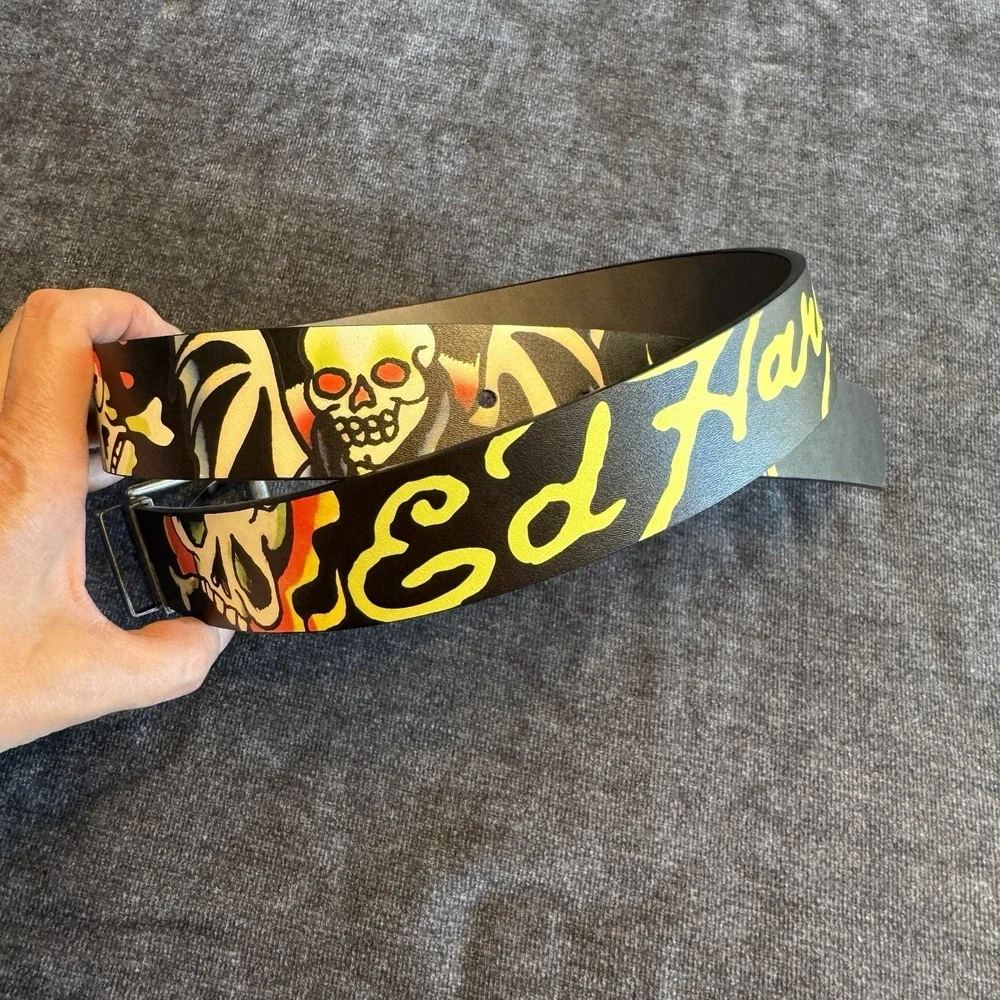 Ed Hardy black leather belt with colorful graffiti-style graphics Size 36 Waist